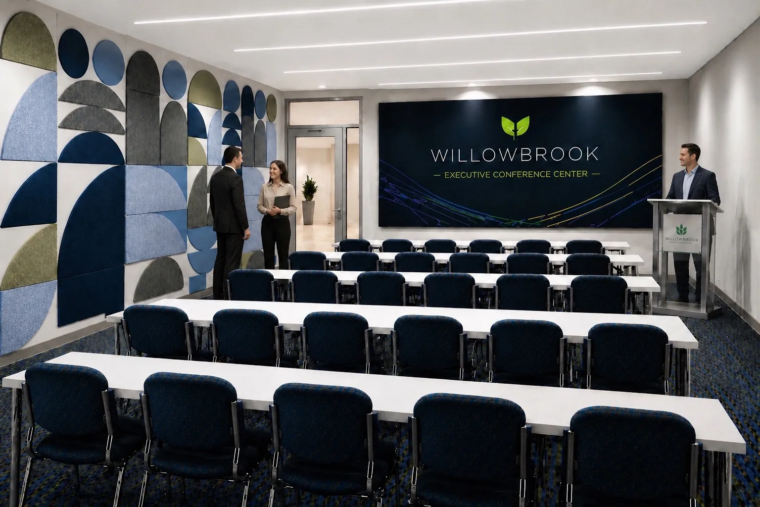 Rendering of the Willowbrook executive conference center arranged for company meetings, training sessions, presentations, and seminars