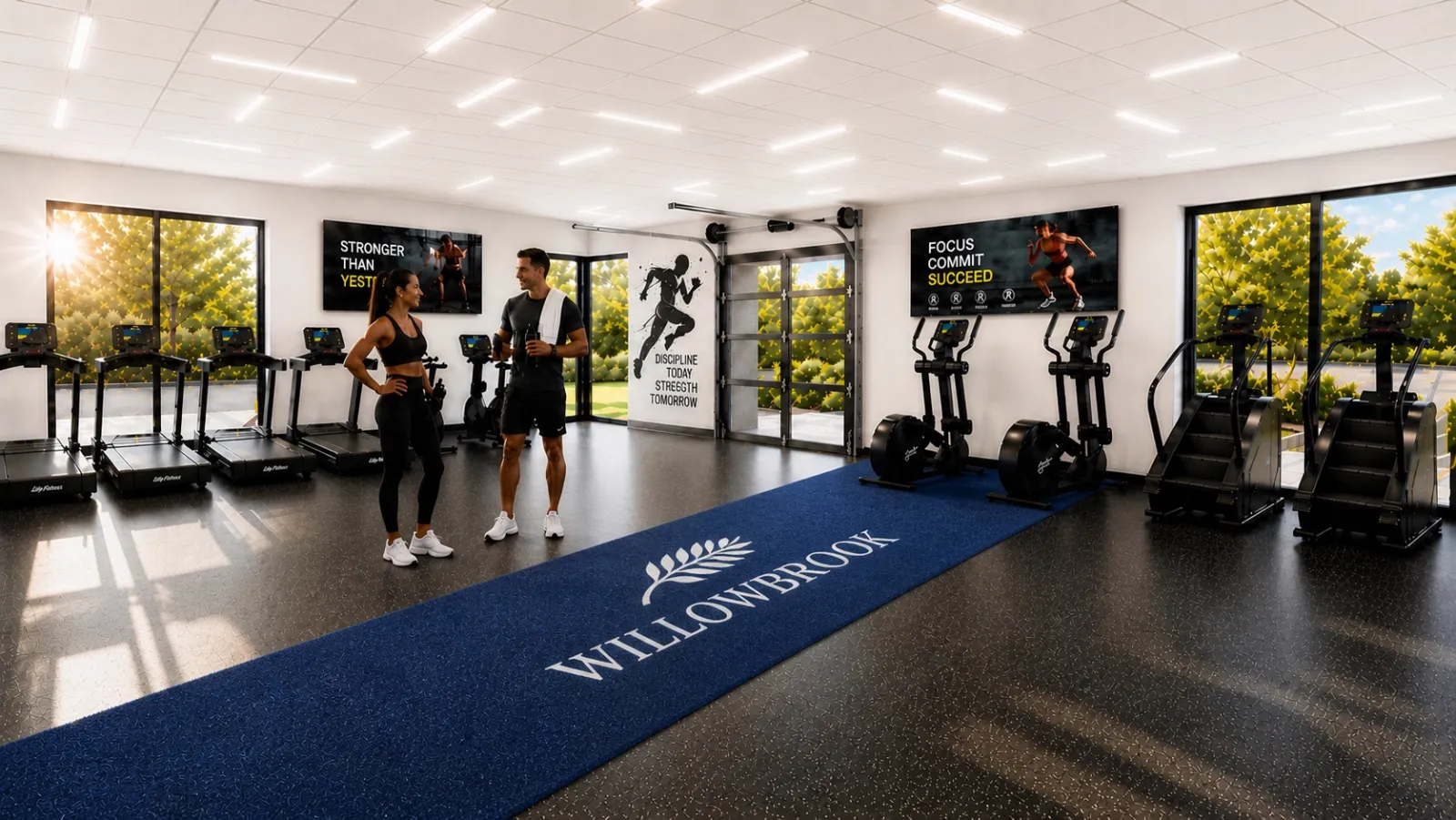 Rendering of the Willowbrook fitness center with cardio equipment, strength area, and branded exercise mat