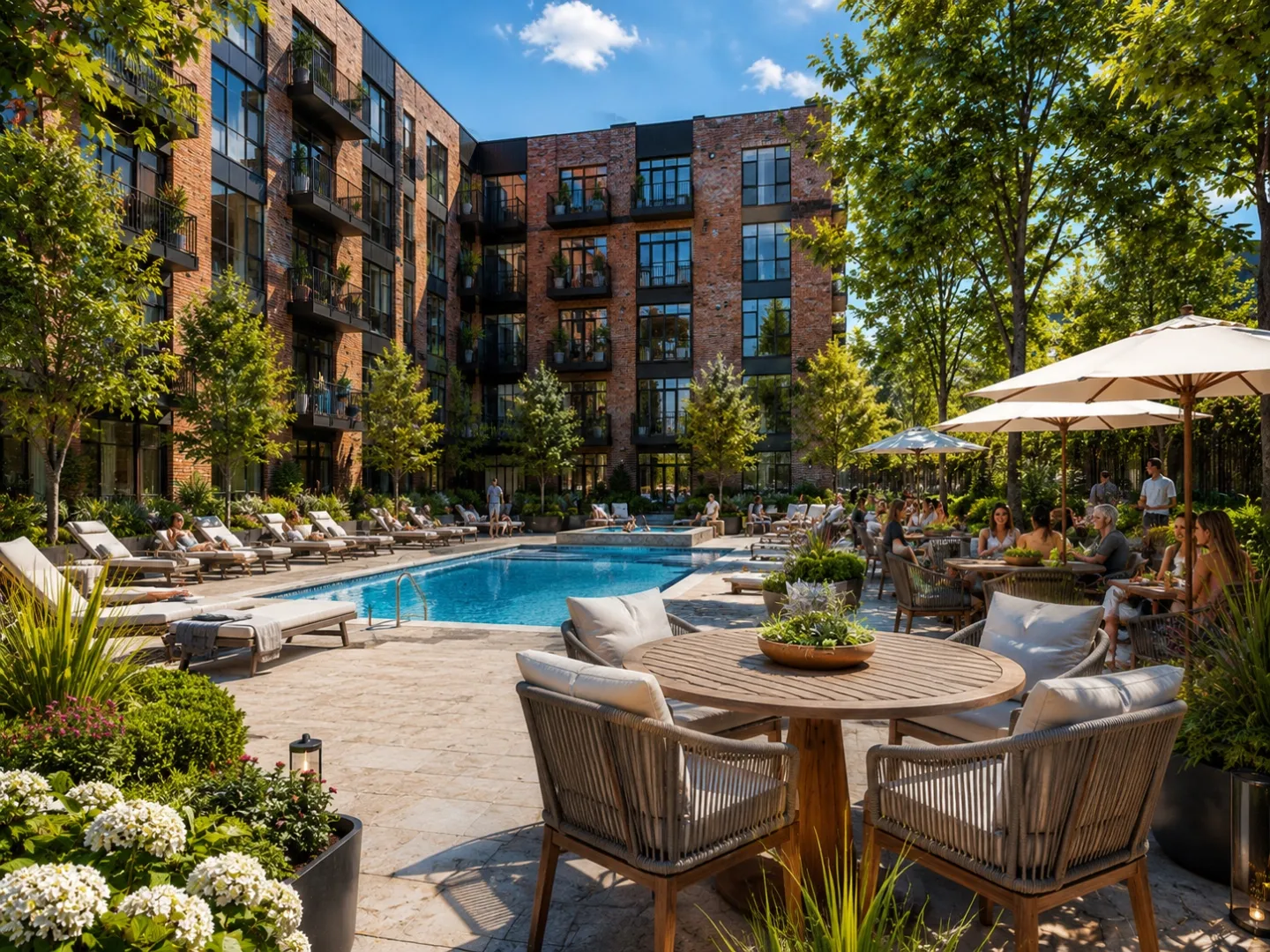 Rendering of poolside patios, gardens, lounge seating, and landscaped outdoor gathering areas at Willowbrook