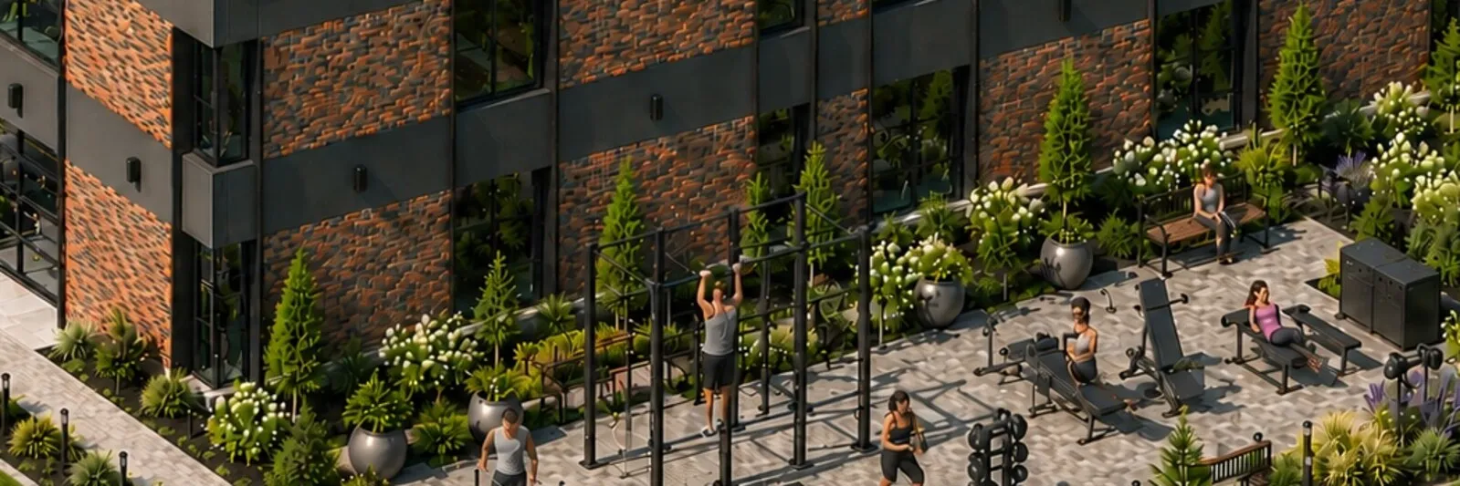 Aerial rendering of outdoor fitness equipment, walking paths, and landscaping at Willowbrook