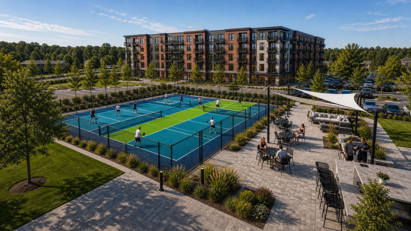 Rendering of outdoor pickleball courts with seating, landscaping, and future residences at Willowbrook
