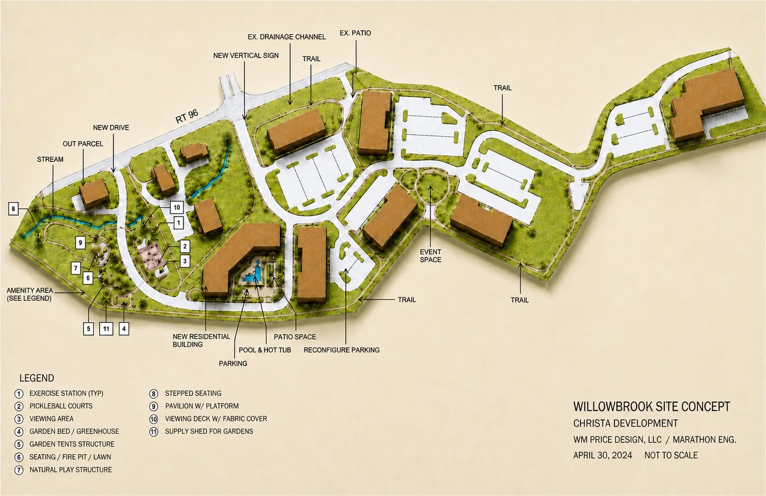 Willowbrook site concept plan showing existing office buildings, a new residential building, trails, amenity areas, parking, and landscape improvements